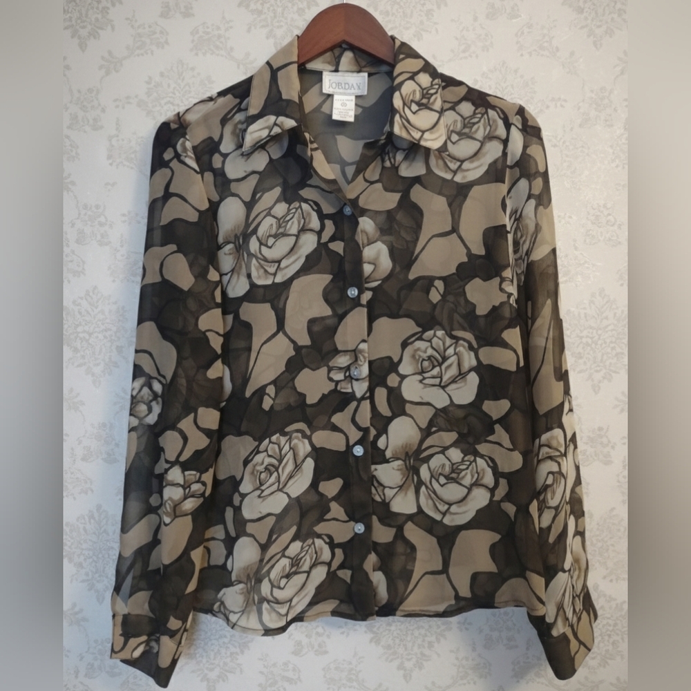 Jordan Black Tan Beige Rose Print Sheer Chiffon Blouse Size Small